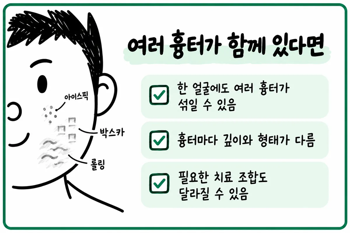 Illustration showing how ice pick, boxcar and other scar types can appear together on one face
