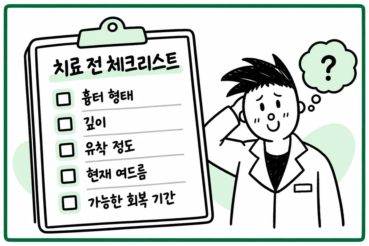 Pre-treatment checklist illustration for assessing scar type, depth and tethering