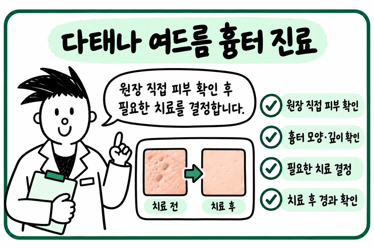 Datena Clinic illustration of the process: skin check, assessing scar shape and depth, deciding on treatment, and follow-up