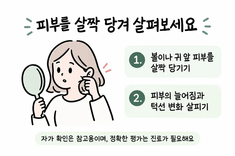 Gently pulling the skin of the cheek and in front of the ear to check for laxity and changes in the jawline