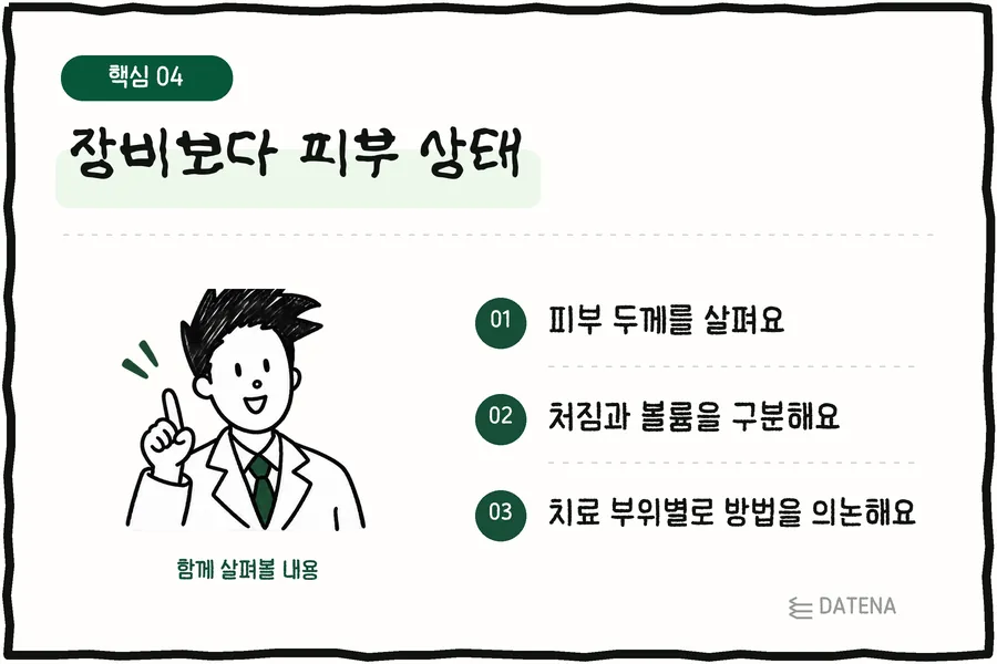 Skin condition over device: We look at skin thickness; We tell sagging apart from volume loss; We discuss the approach area by area — Datena Clinic explainer card