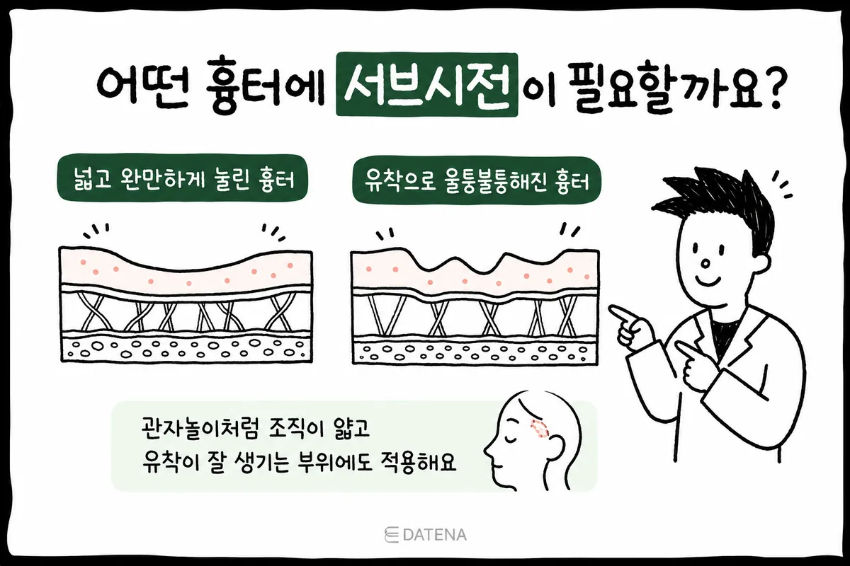 Illustration comparing skin cross-sections of a broad, rolling depression and a bumpy scar caused by tethering