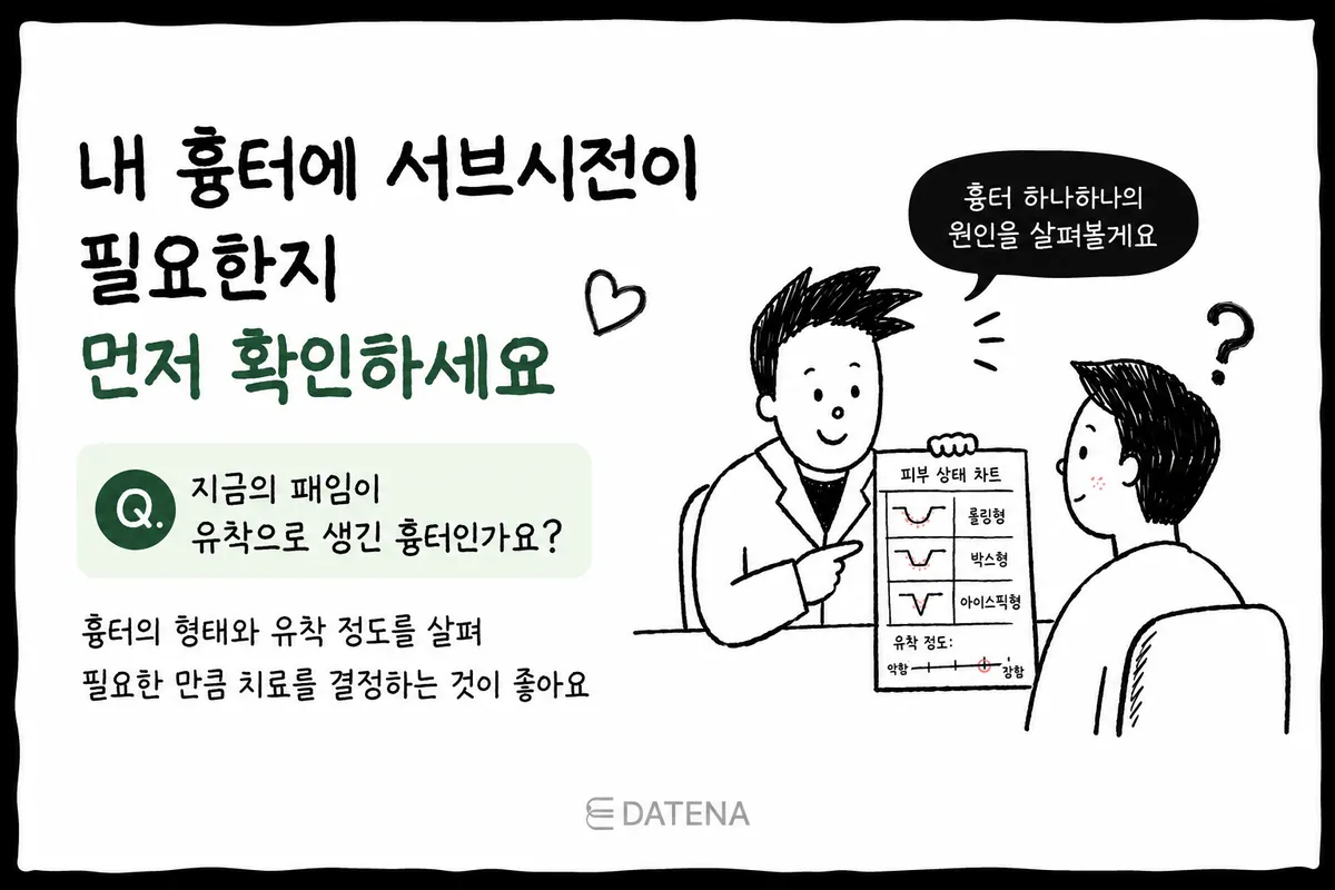 Illustration of a doctor reviewing a skin assessment chart while consulting on whether subcision is needed