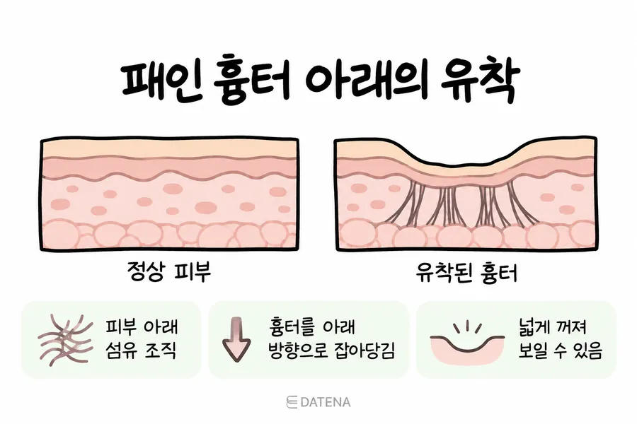 Cross-section illustration comparing normal skin with a depressed acne scar tethered to the fibrous tissue beneath