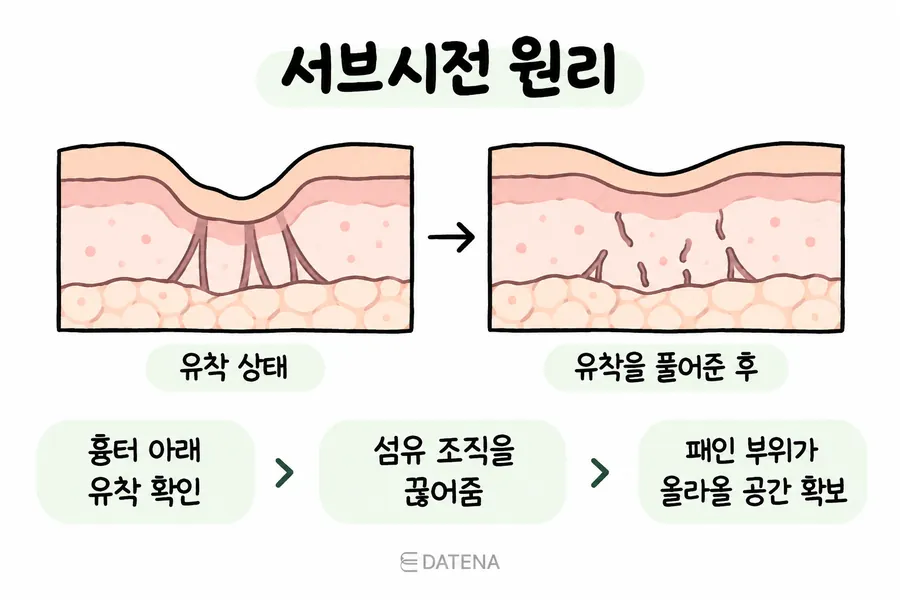 Diagram showing how subcision releases the tethered tissue under a depressed scar