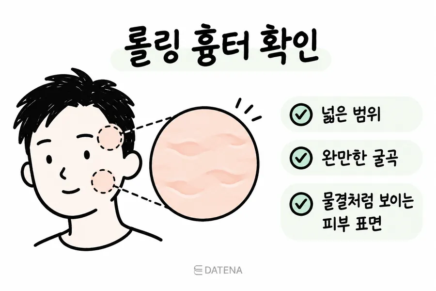 Illustration of rolling scars, showing broad, gentle dips and a wavy skin surface