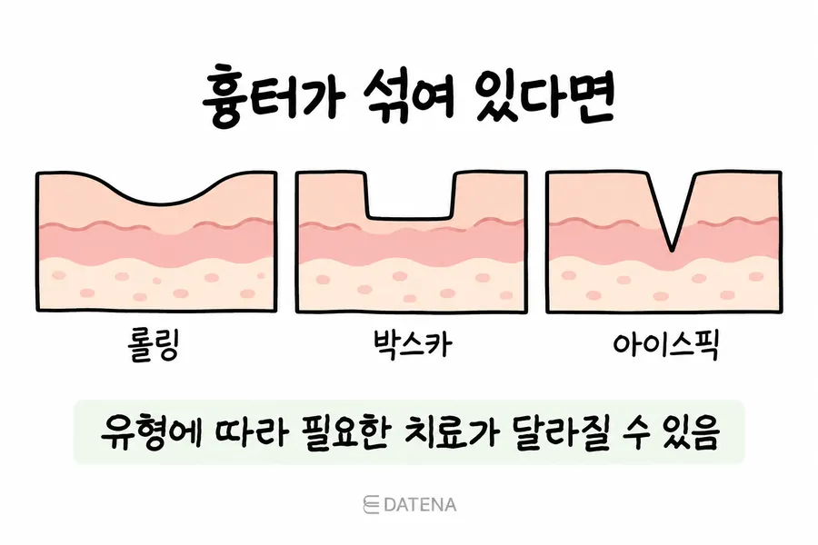 Comparison of the different cross-sectional shapes of rolling, boxcar and icepick acne scars