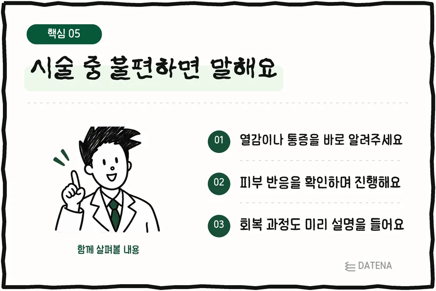 Speak up if you're uncomfortable during treatment: Tell us right away about heat or pain; We proceed while checking your skin's response; Hear about the recovery process in advance — Datena Clinic info card
